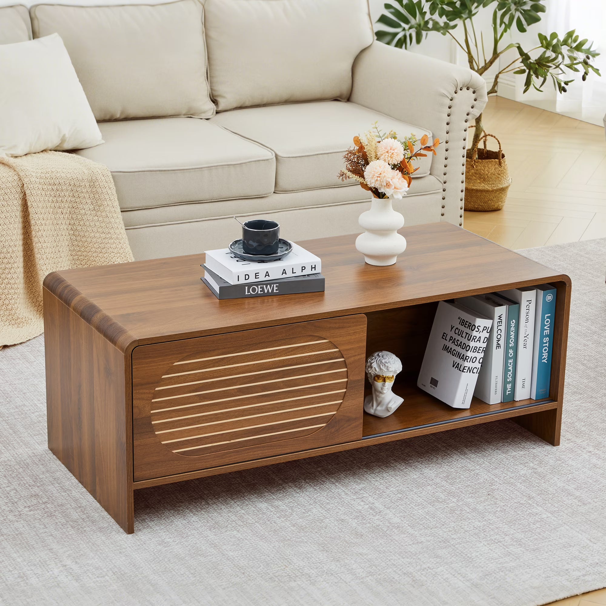 Wirrytor Walnut 43.3" Coffee Table With Sliding Door, Mid-Century Modern Coffee Table With Double-Sided Storage, Curved Edge Living Room Table With Sturdy Legs