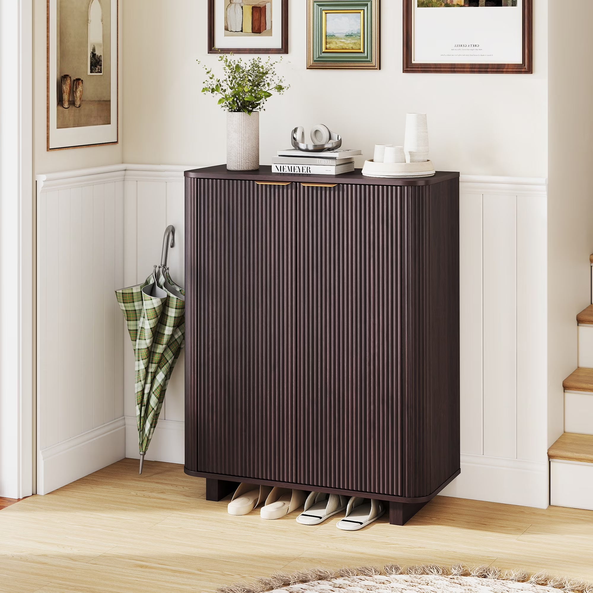 Wirrytor Coffee Brown Arched 2-Door Shoe Cabinet With 3 Adjustable Shelves & Open Bottom Shelf, Freestanding Fluted Storage Organizer For Entryway Living Room