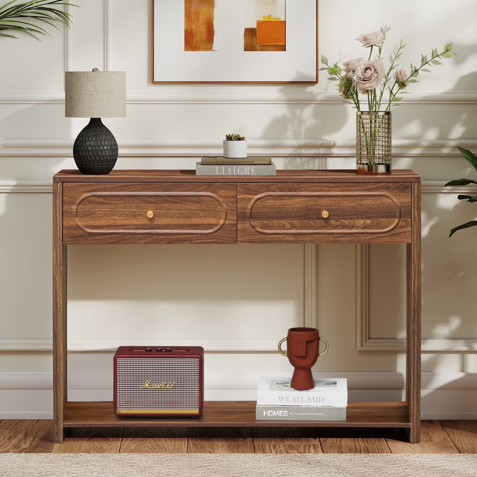 Wirrytor Brown Console Table with 2 Drawers for Entryway, Modern Sofa Table for Living Room, Narrow Sofa Table with Open Storage Shelf, Hallway Table and Couch Table Behind Sofa,Walnut
