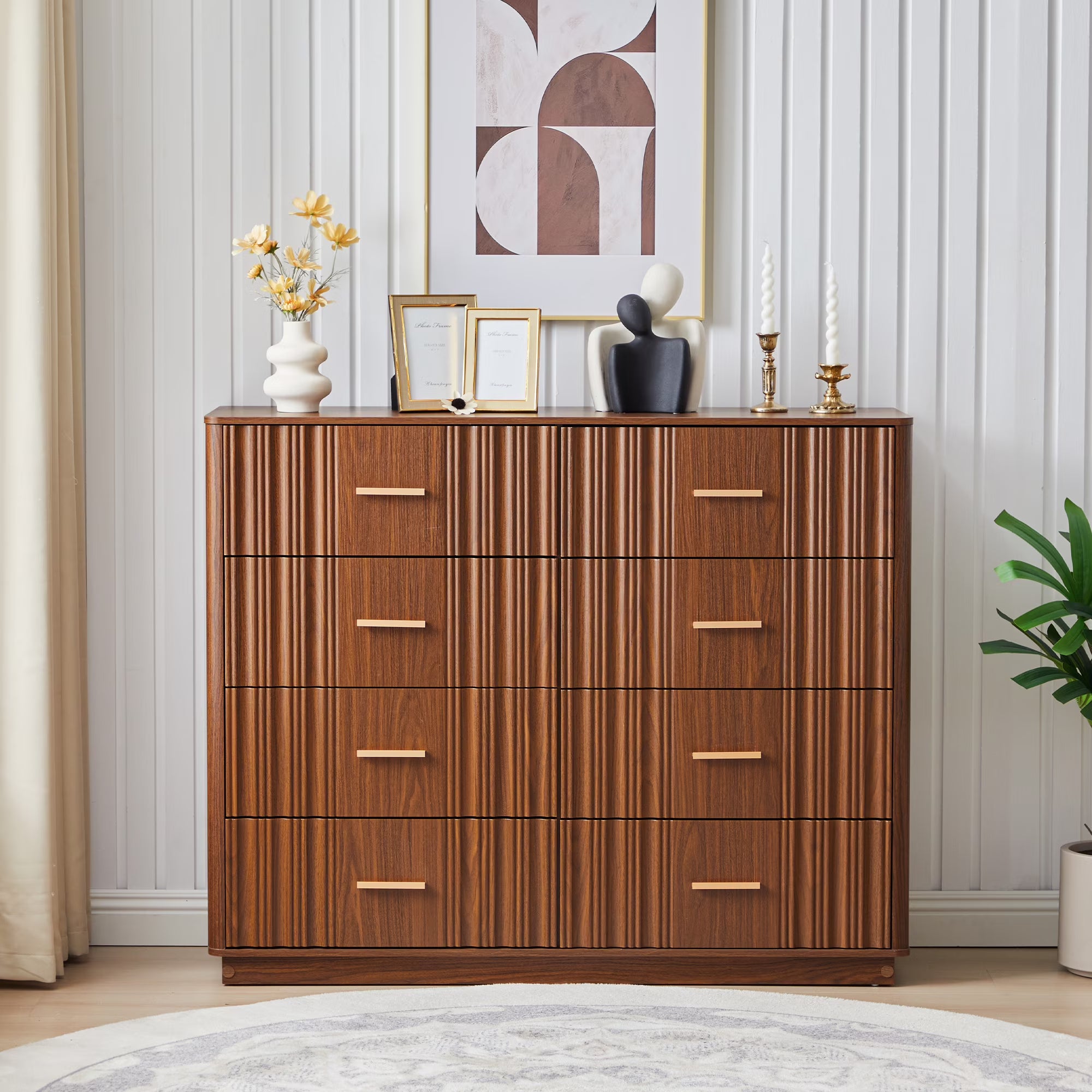 Wirrytor 8-Drawer Walnut Fluted Dresser Chest, Modern Wave Panel Storage Organizer With Anti-Tipping Design, Large Capacity Closet Cabinet For Bedroom Hallway Living Room