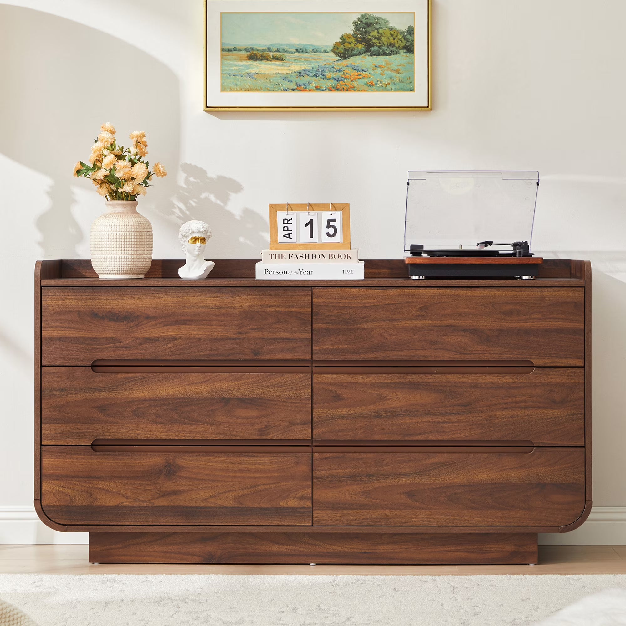 Wirrytor 6-Drawer Walnut Dresser Chest, Modern Curved Edge Storage Organizer With Anti-Tipping Design, Large Capacity Closet Cabinet For Bedroom Hallway Living Room Nursery