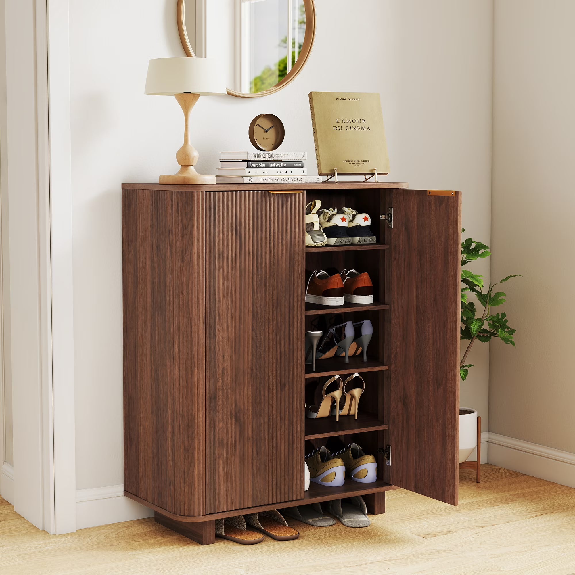 Wirrytor Walnut Arched 2-Door Shoe Cabinet With 3 Adjustable Shelves & Open Bottom Shelf, Freestanding Fluted Storage Organizer For Entryway Living Room