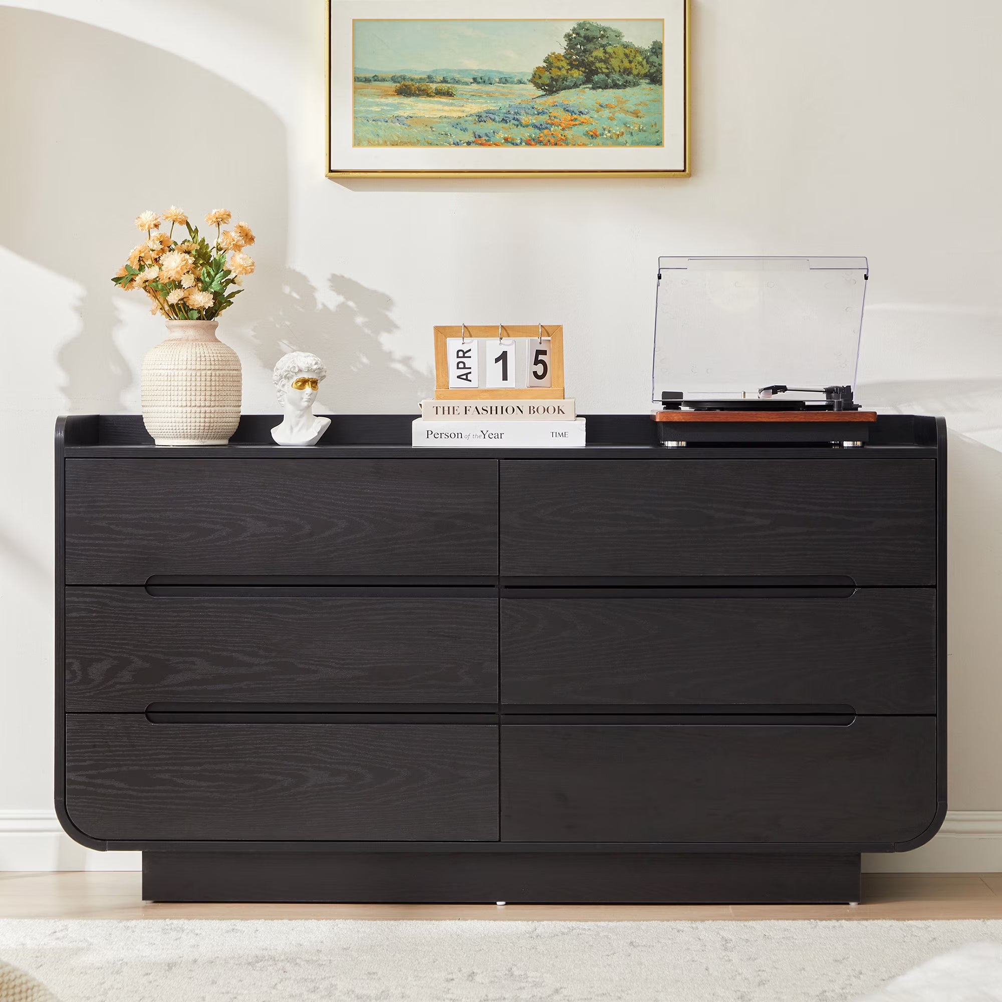 Wirrytor 6-Drawer Black Dresser Chest, Modern Curved Edge Storage Organizer With Anti-Tipping Design, Large Capacity Closet Cabinet For Bedroom Hallway Living Room Nursery