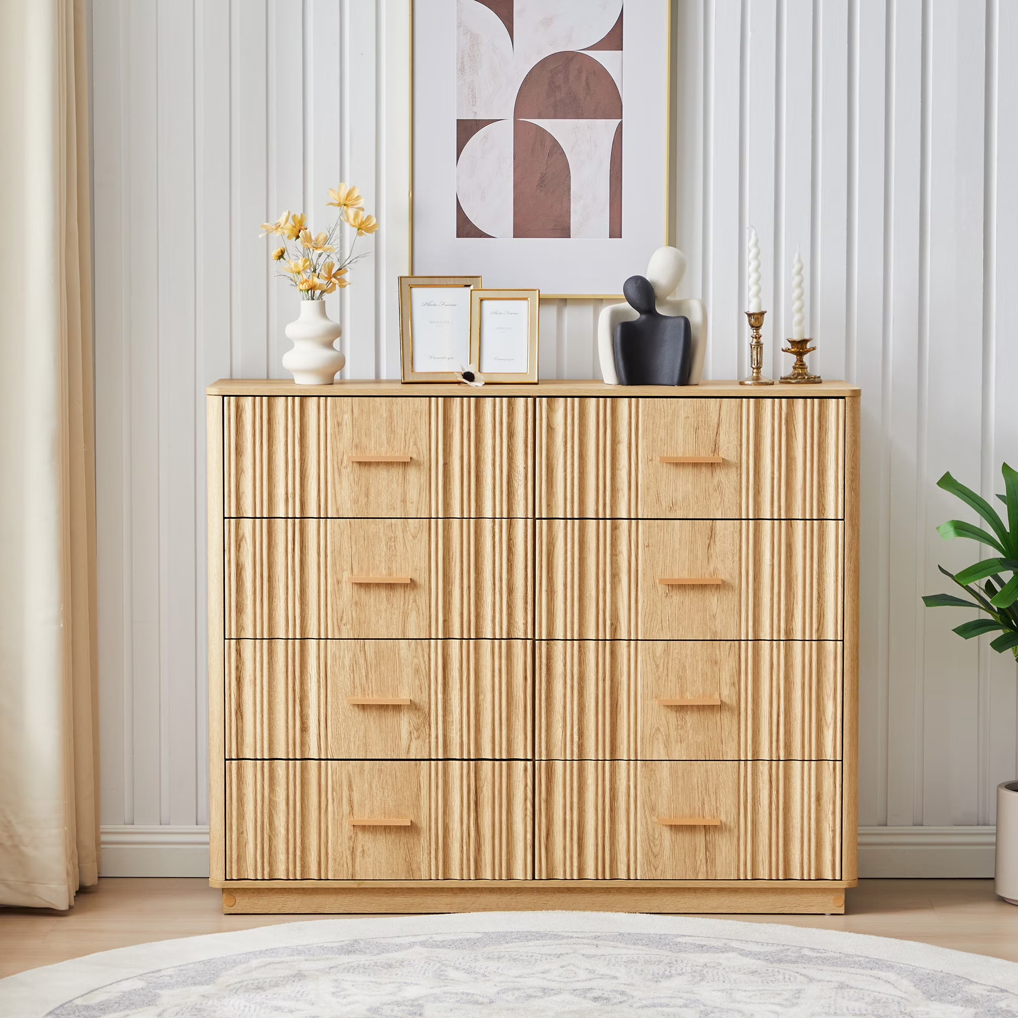 Wirrytor 8-Drawer Natural Wood Fluted Dresser Chest, Modern Wave Panel Storage Organizer With Anti-Tipping Design, Large Capacity Closet Cabinet For Bedroom Hallway Living Room