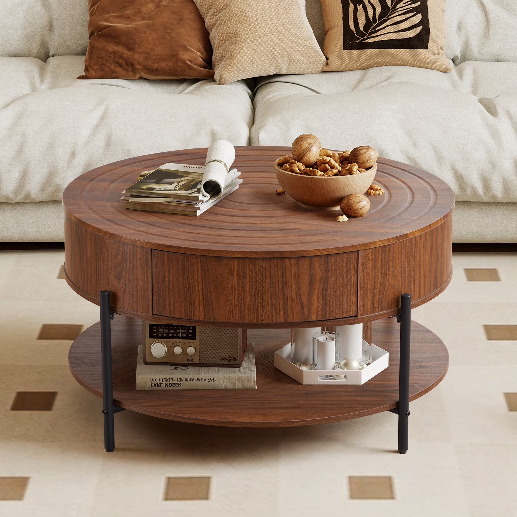 Wirrytor Modern 30" Round Coffee Table for Living Room, 2-Tier storage and 2 drawer Farmhouse Small Coffee Table, Modern Center Table with Round Edge, Water Ripple Desktop, Brown