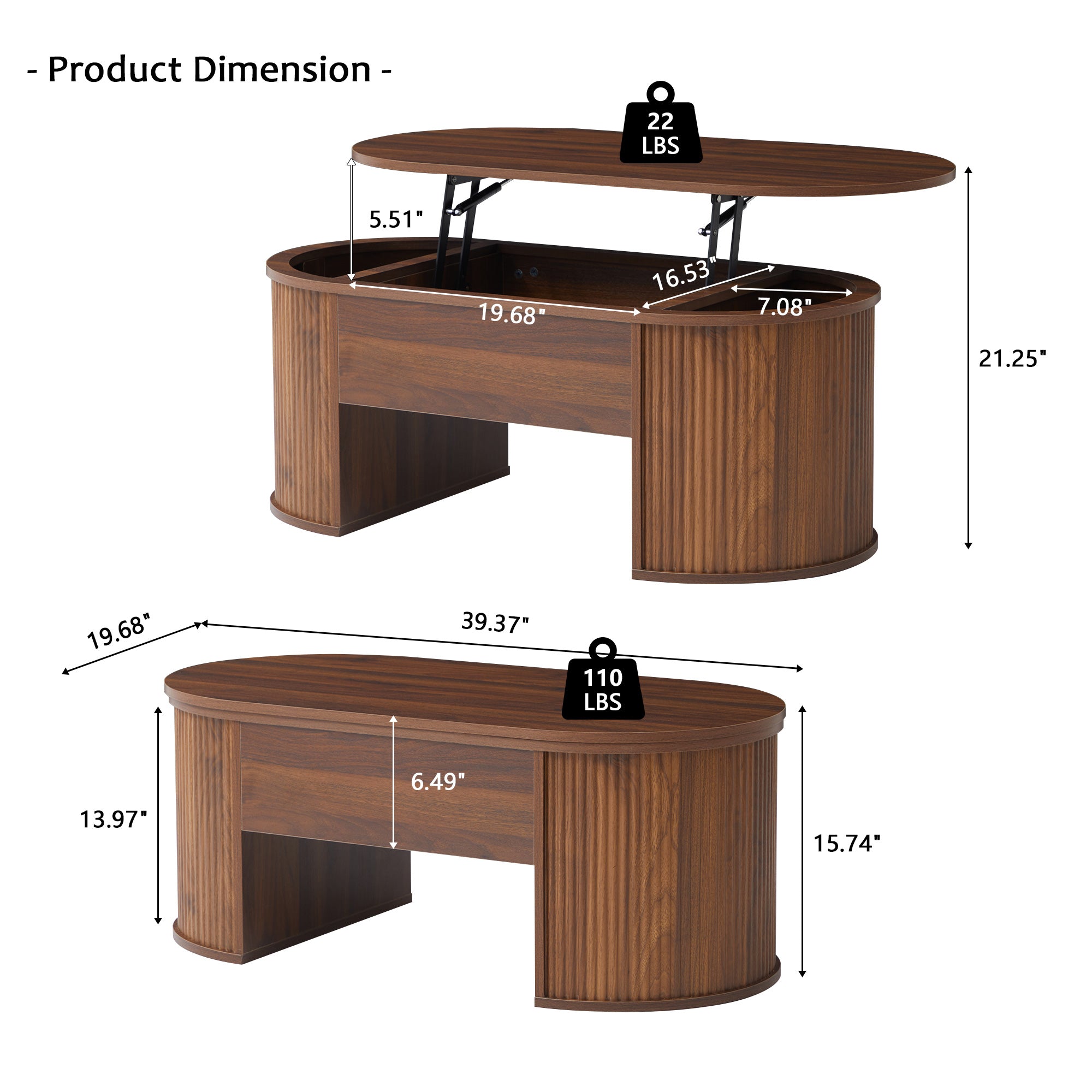 Wirrytor Lift Top Coffee Table with Storage and Open Storage Shelf, Oval Coffee Table for Living Room, Elliptical Arc Design, Fluted Center Table,  Finish & Spacious Storage,
