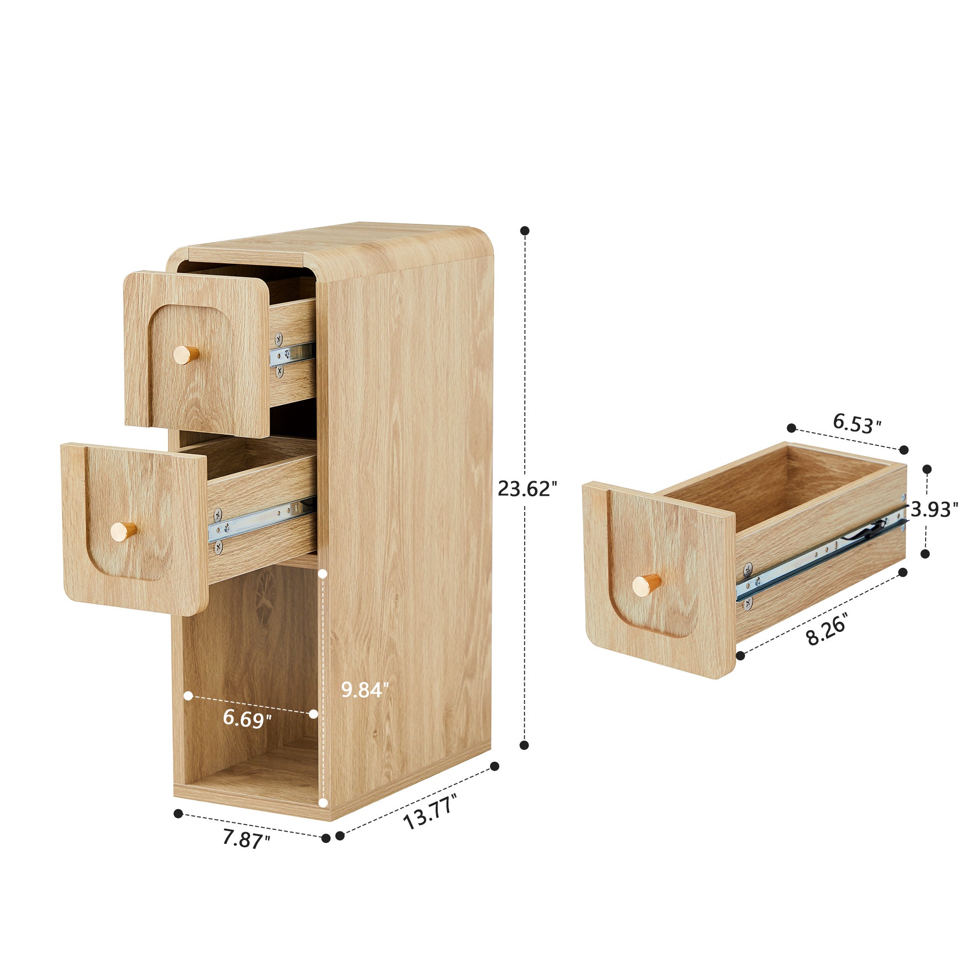 Wirrytor Narrow End Table with 2 Drawer & Open Storage Shelf, Modern Narrow Side Table for Small Spaces, Multifunctional Slim Nightstand for Bedroom, Living Room & Home Office,Oak