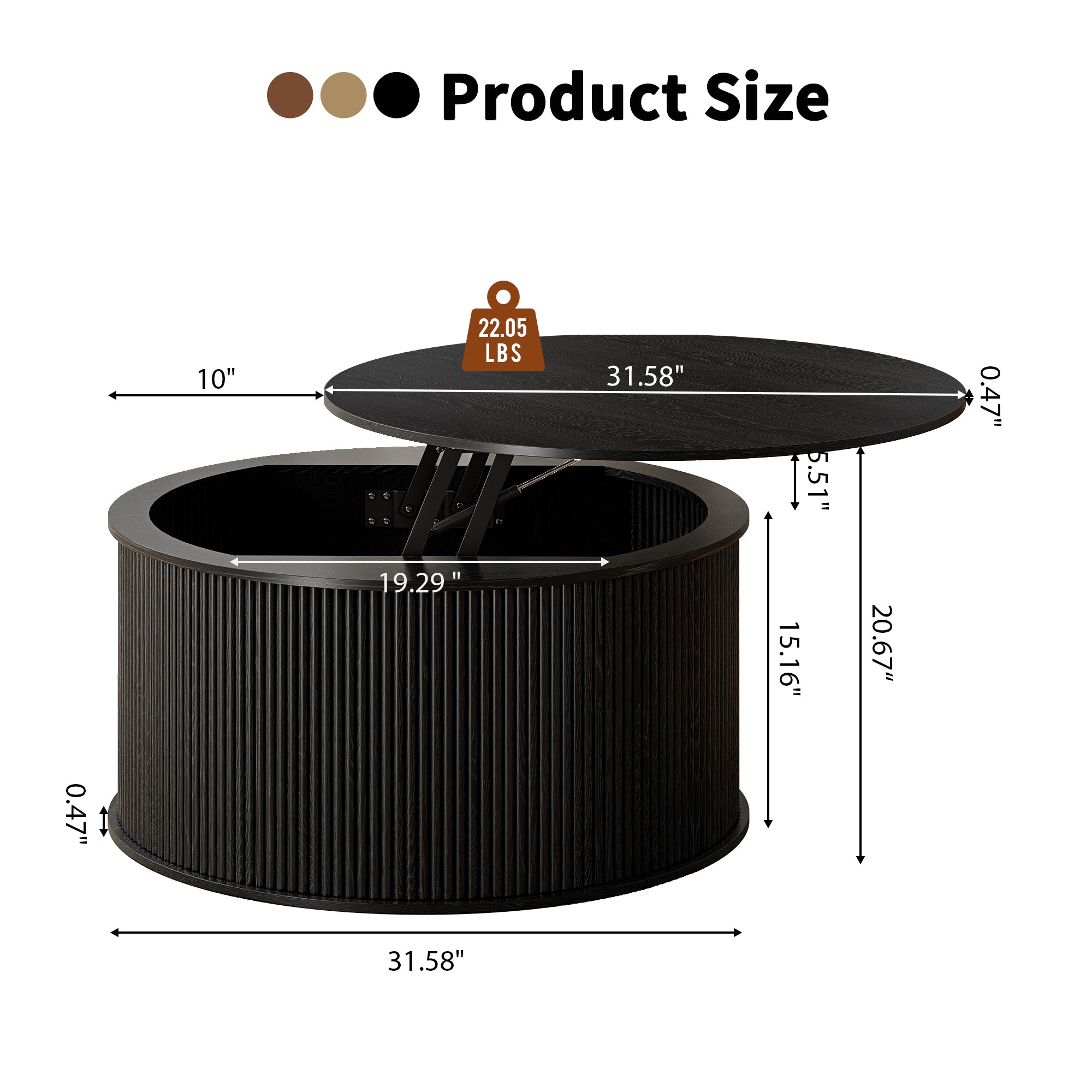 Wirrytor 31 inch Walnut Round Coffee Table for Living Room with Hiddern Storage