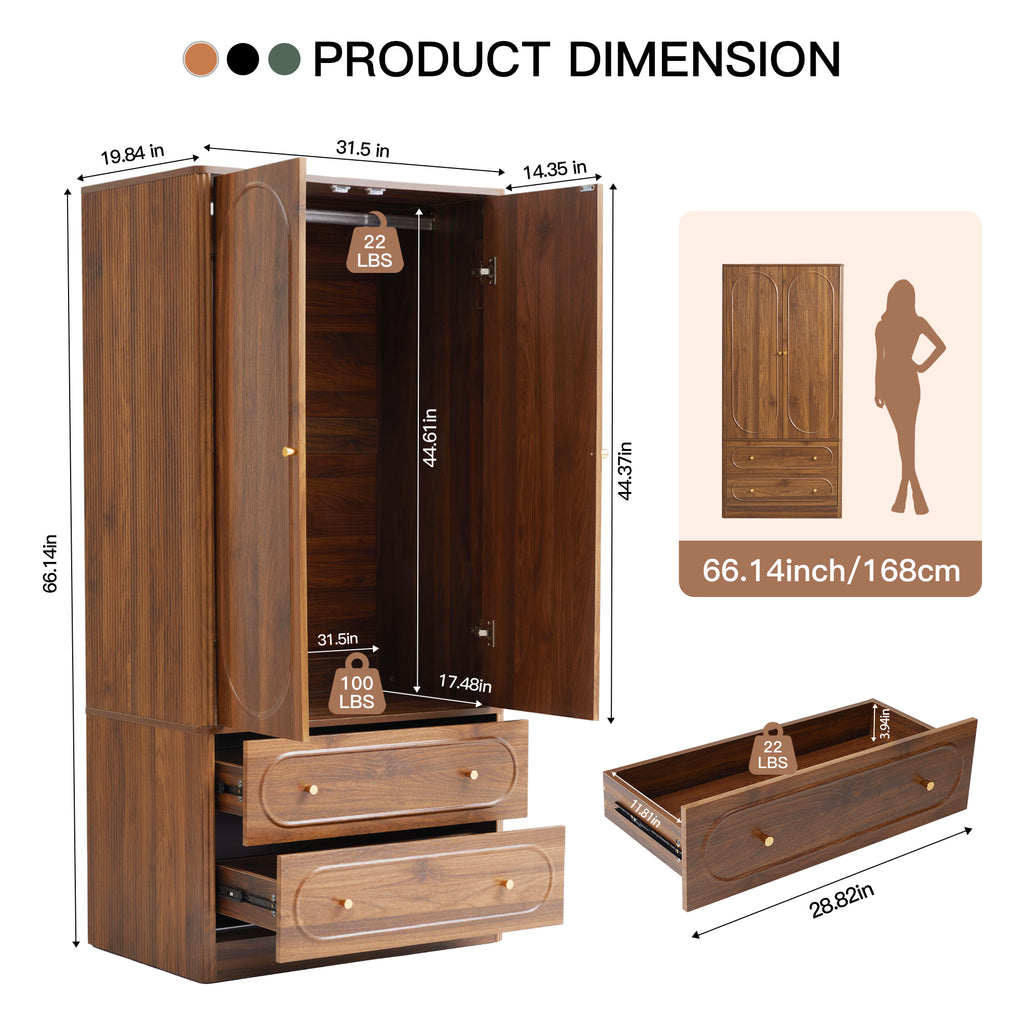 Wirrytor Armoire Wooden Closet with 2 Doors and 2 Drawer
