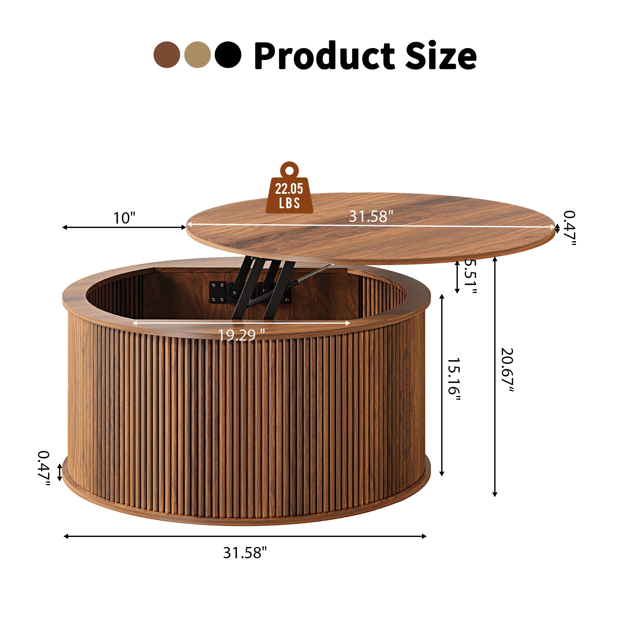 Wirrytor 31 inch Walnut Round Coffee Table for Living Room with Hiddern Storage