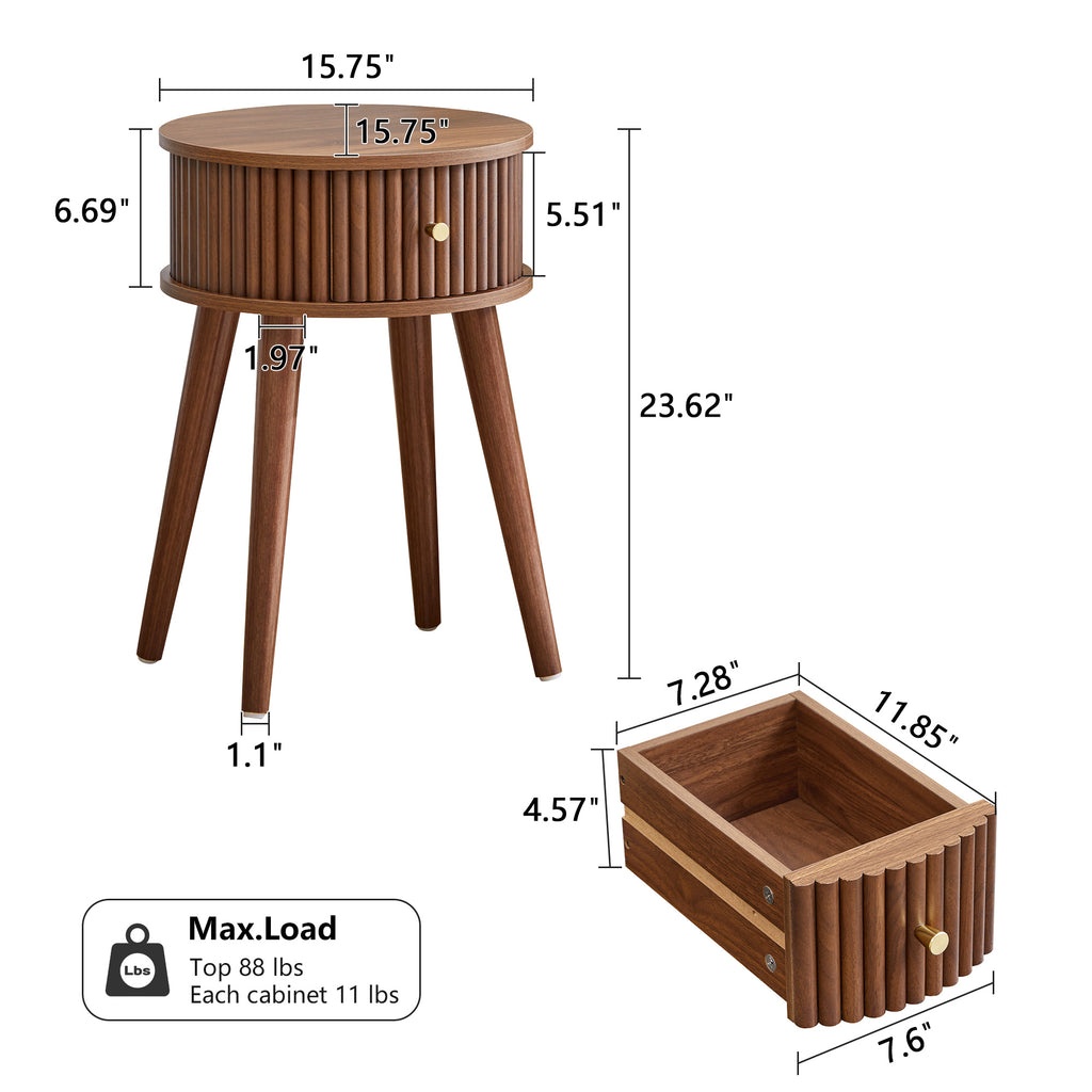 WIRRYTOR Set of 2 Modern Boho End Tables for Living Room, Round Fluted Side Tables with Drawer and Splayed Legs, Walnut Accent Tables