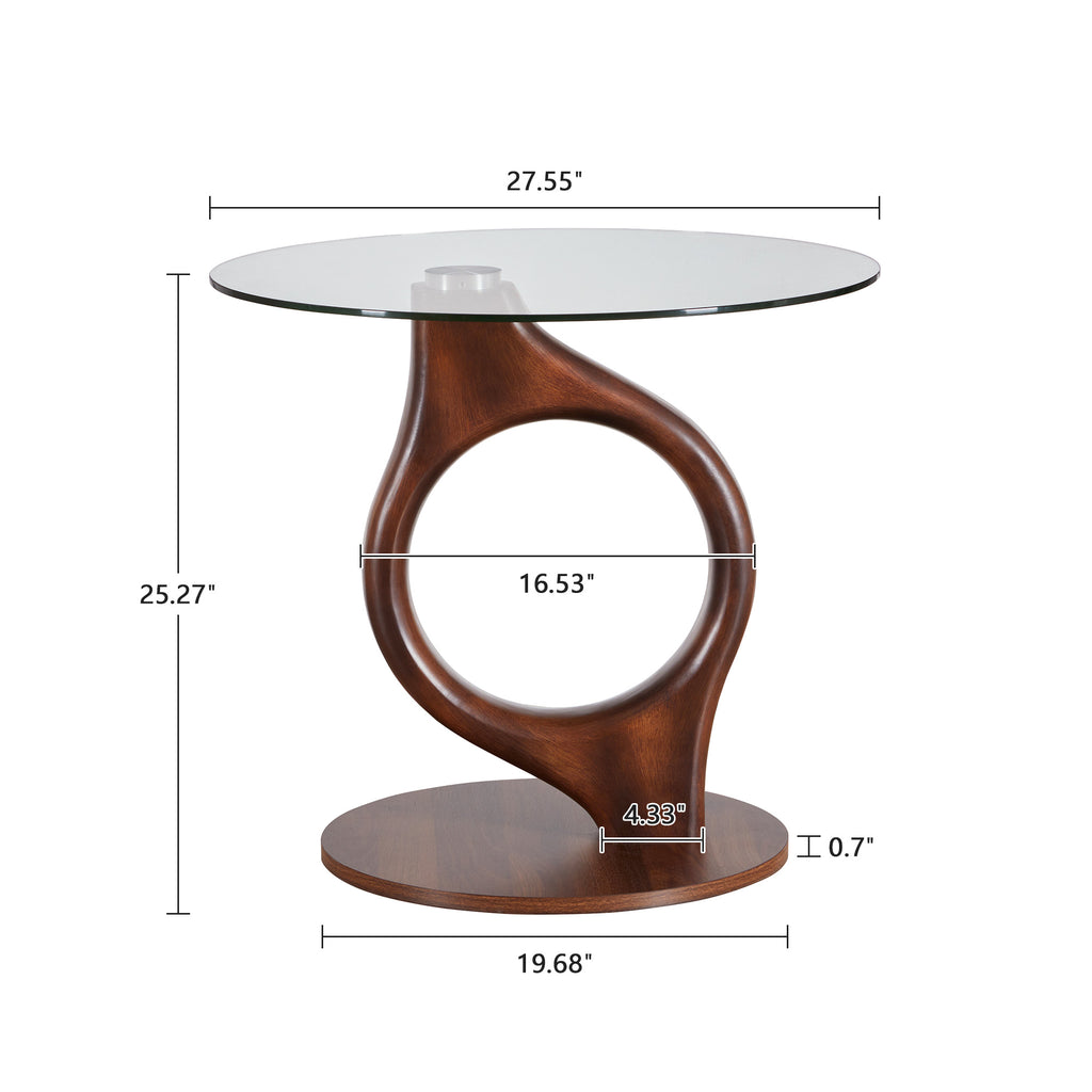 Wirrytor 27.55" Round Glass Coffee Table, Mid-Century Modern Side Table with Wood Base and Tempered Glass Top, Brown