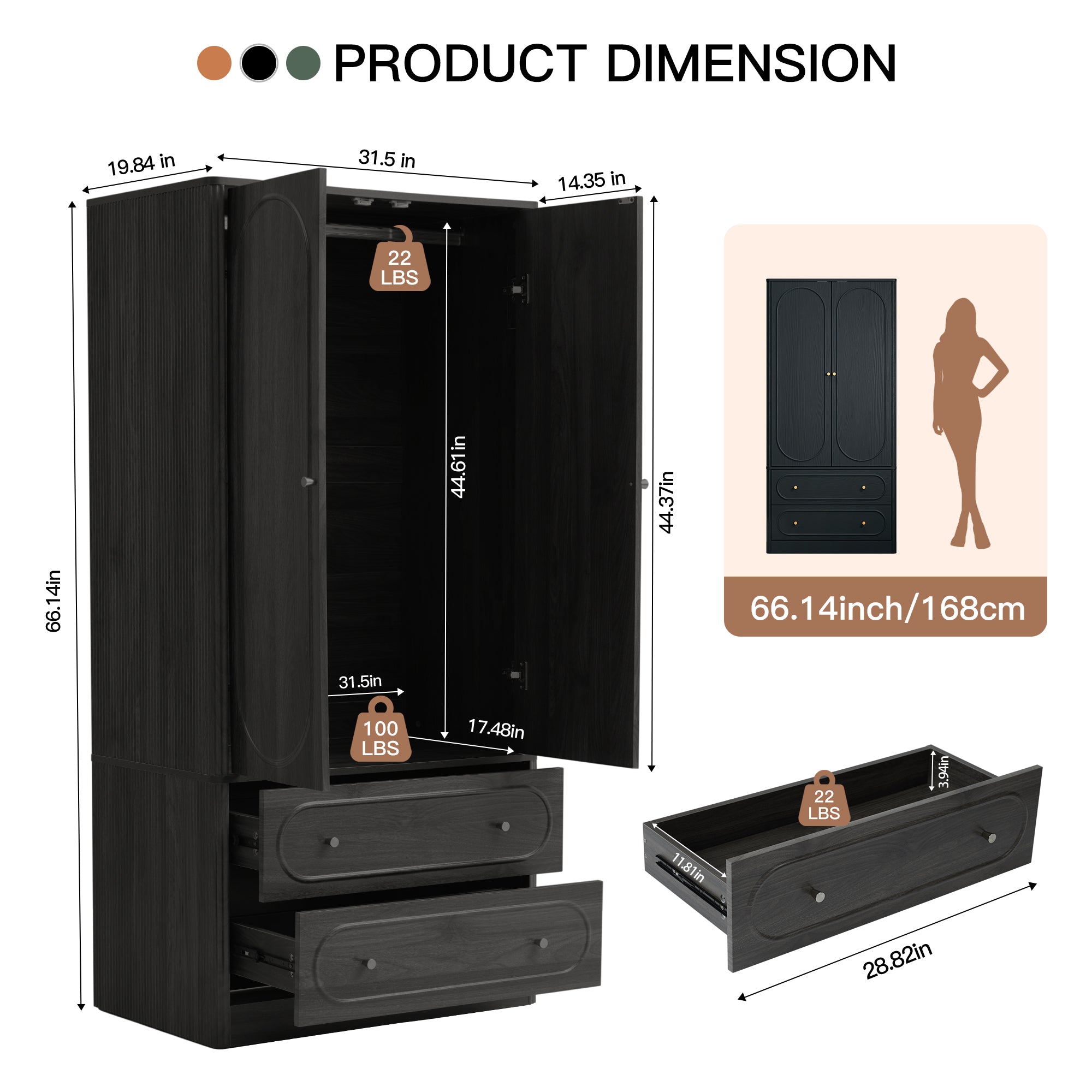 Wirrytor Armoire Wooden Closet with 2 Doors and 2 Drawer
