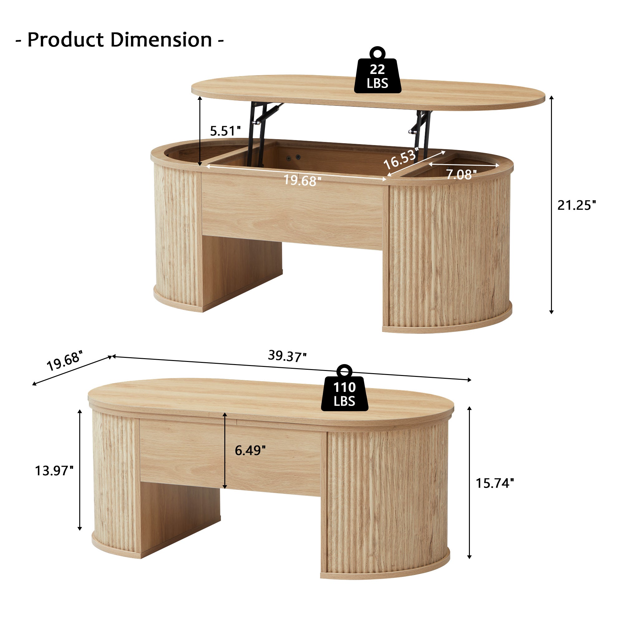 Wirrytor Lift Top Coffee Table with Storage and Open Storage Shelf, Oval Coffee Table for Living Room, Elliptical Arc Design, Fluted Center Table,  Finish & Spacious Storage,