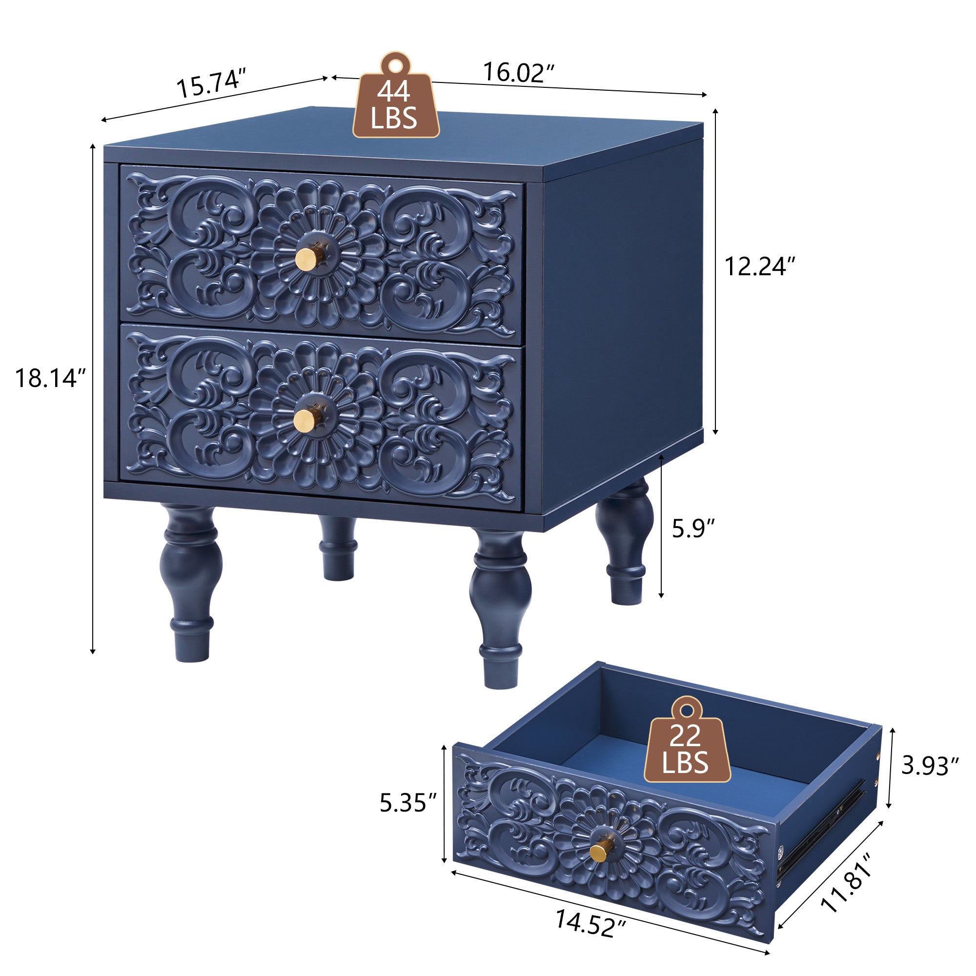 Wirrytor Mid century Nightstand with Drawers, Bedside Table 2 Drawer Dresser with Embossed Pattern