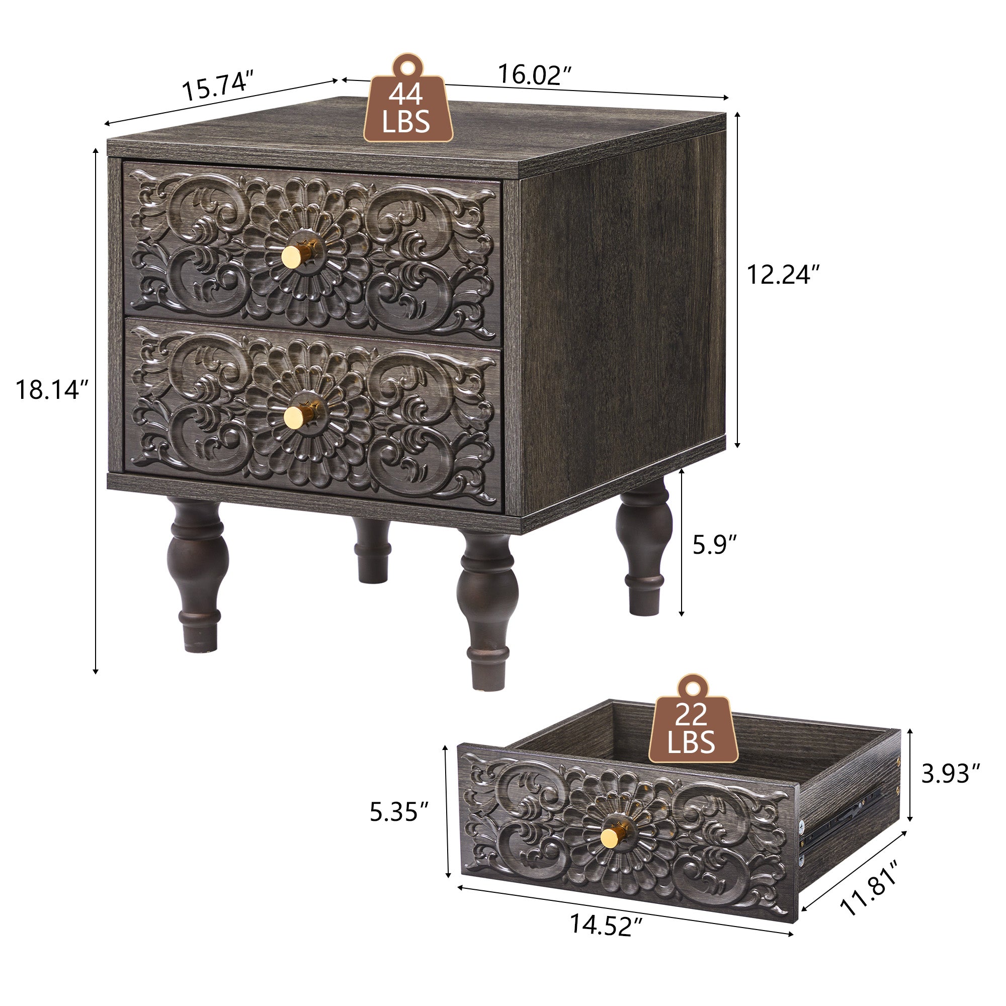 Wirrytor Mid century Nightstand with Drawers, Bedside Table 2 Drawer Dresser with Embossed Pattern