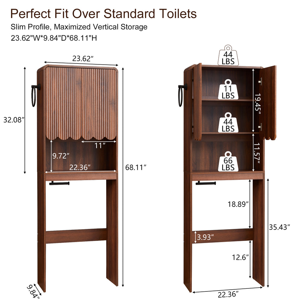 WIRRYTOR Modern Fluted Over the Toilet Storage Cabinet, 68" Tall Freestanding Bathroom Organizer with Adjustable Shelf and Paper Holder, Walnut