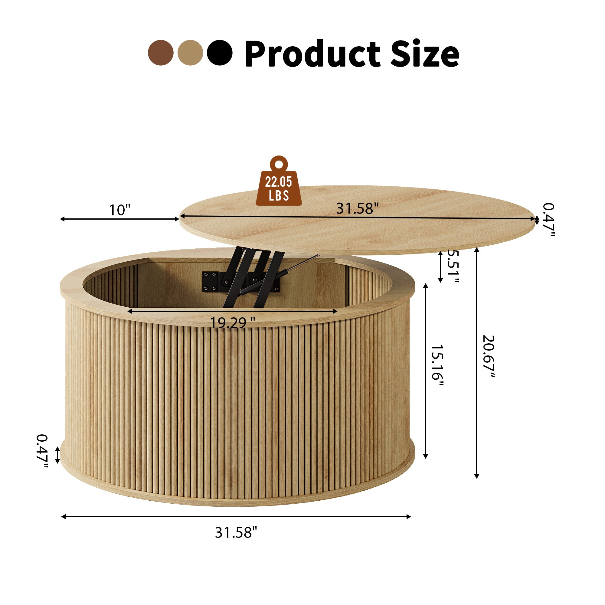 Wirrytor 31 inch Walnut Round Coffee Table for Living Room with Hiddern Storage