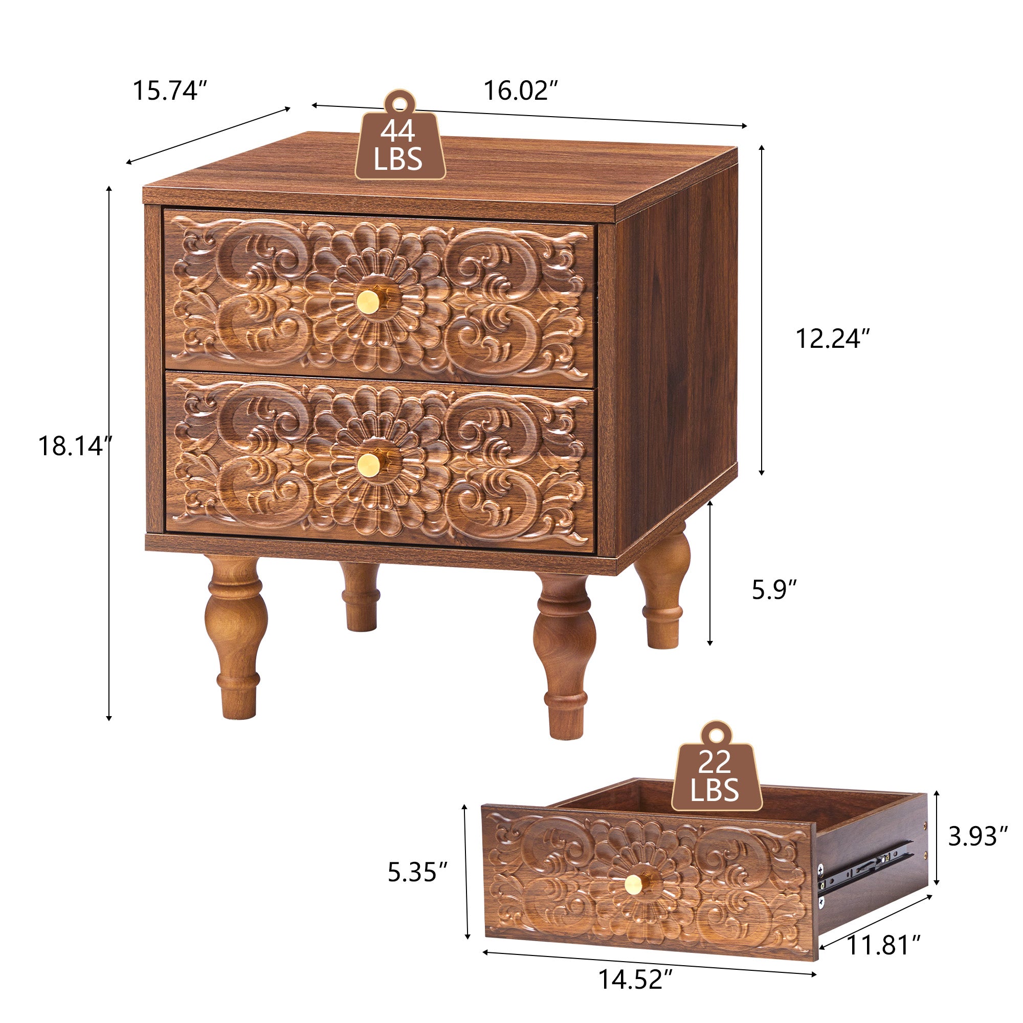 Wirrytor Mid century Nightstand with Drawers, Bedside Table 2 Drawer Dresser with Embossed Pattern