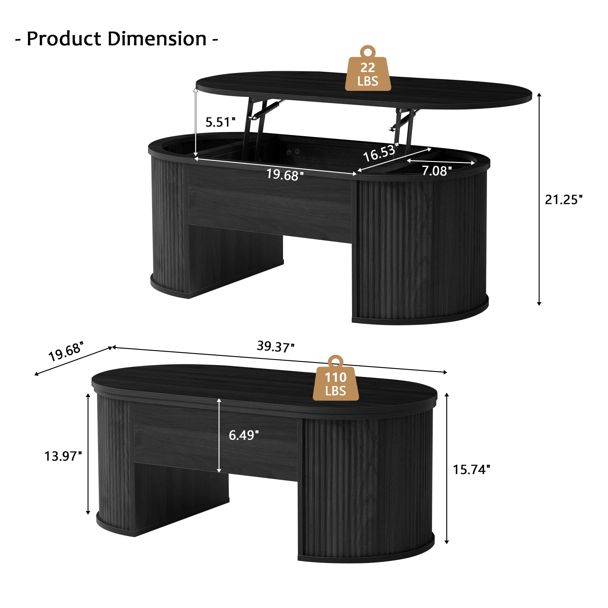 Wirrytor Lift Top Coffee Table with Storage and Open Storage Shelf, Oval Coffee Table for Living Room, Elliptical Arc Design, Fluted Center Table,  Finish & Spacious Storage,