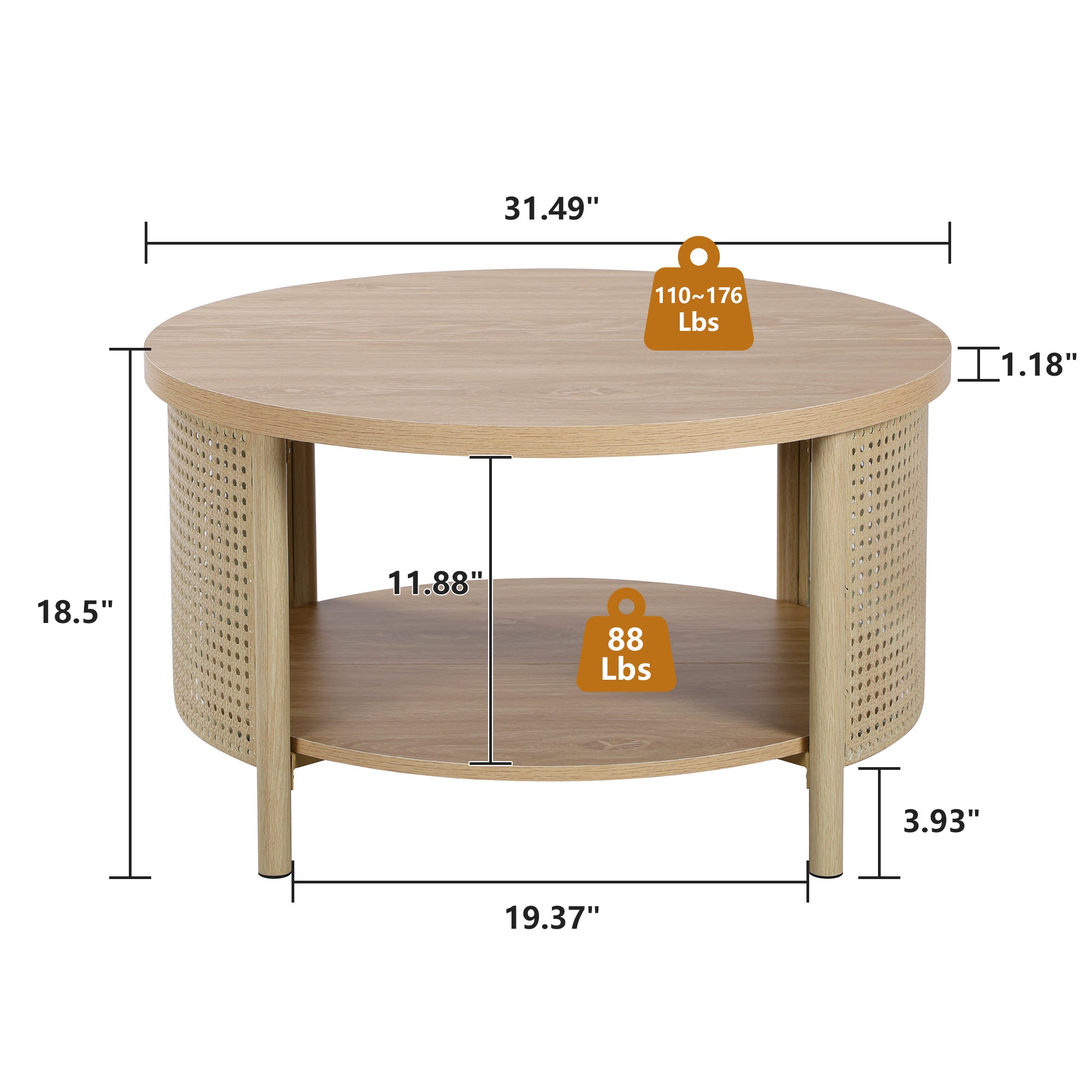 Wirrytor Rattan Round Coffee Table with 2-Tier Wood Storage