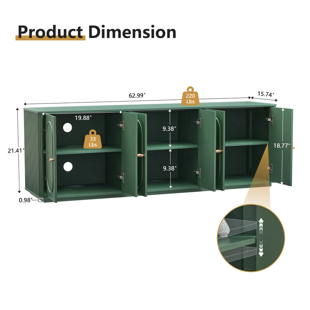 Wirrytor Mid Century Modern Fluted Sideboard Buffet Cabinet with Doors, Console Cabinet with Adjustable Shelves, Under TV Cabinet with Storage,Green
