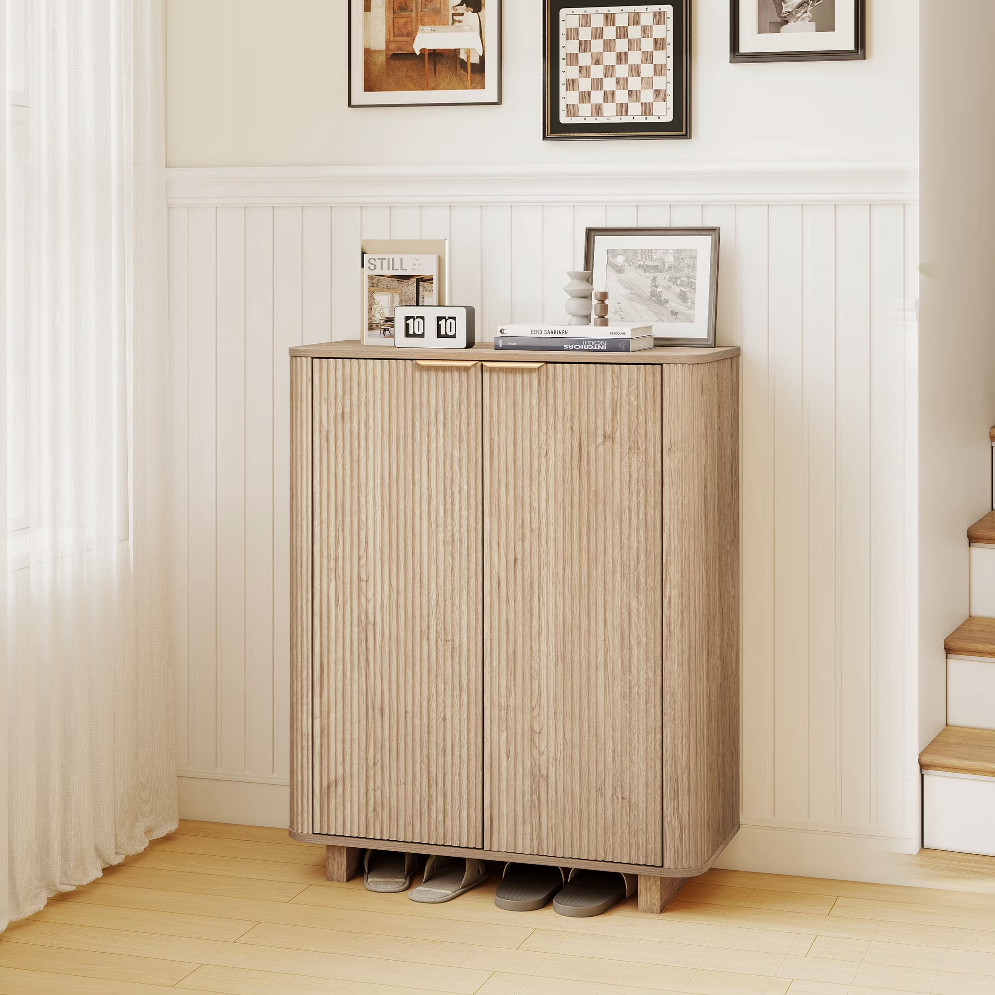 Wirrytor Natural Wood Arched 2-Door Shoe Cabinet With 3 Adjustable Shelves & Open Bottom Shelf, Freestanding Fluted Storage Organizer For Entryway Living Room