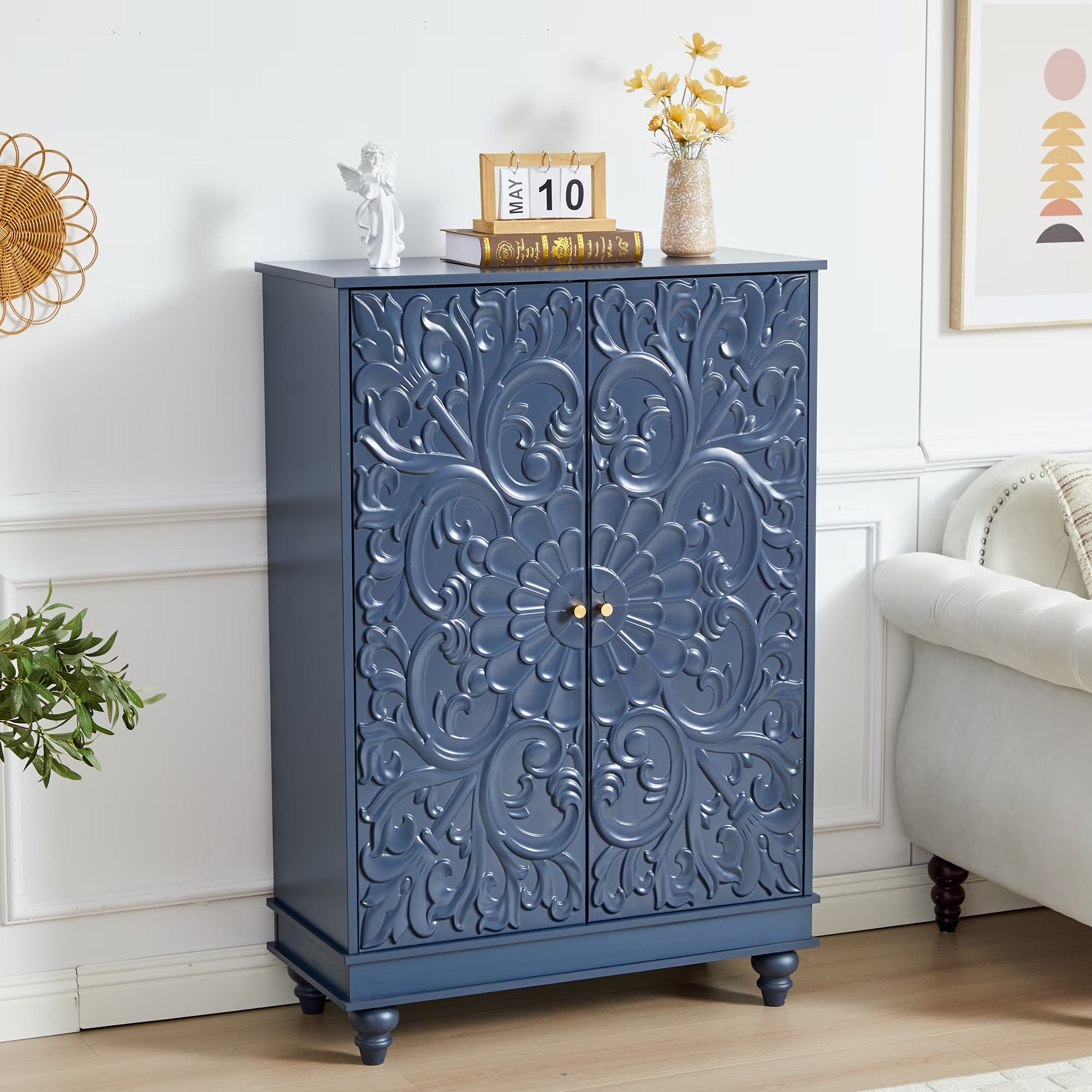 Wirrytor Wood Sideboard Cabinet with 2 Doors for Hallway Entrance, Carved Wood Accent Cabinet ,Vintage Textured Decorative Credenza, Modern Cabinet for Living Room,Blue