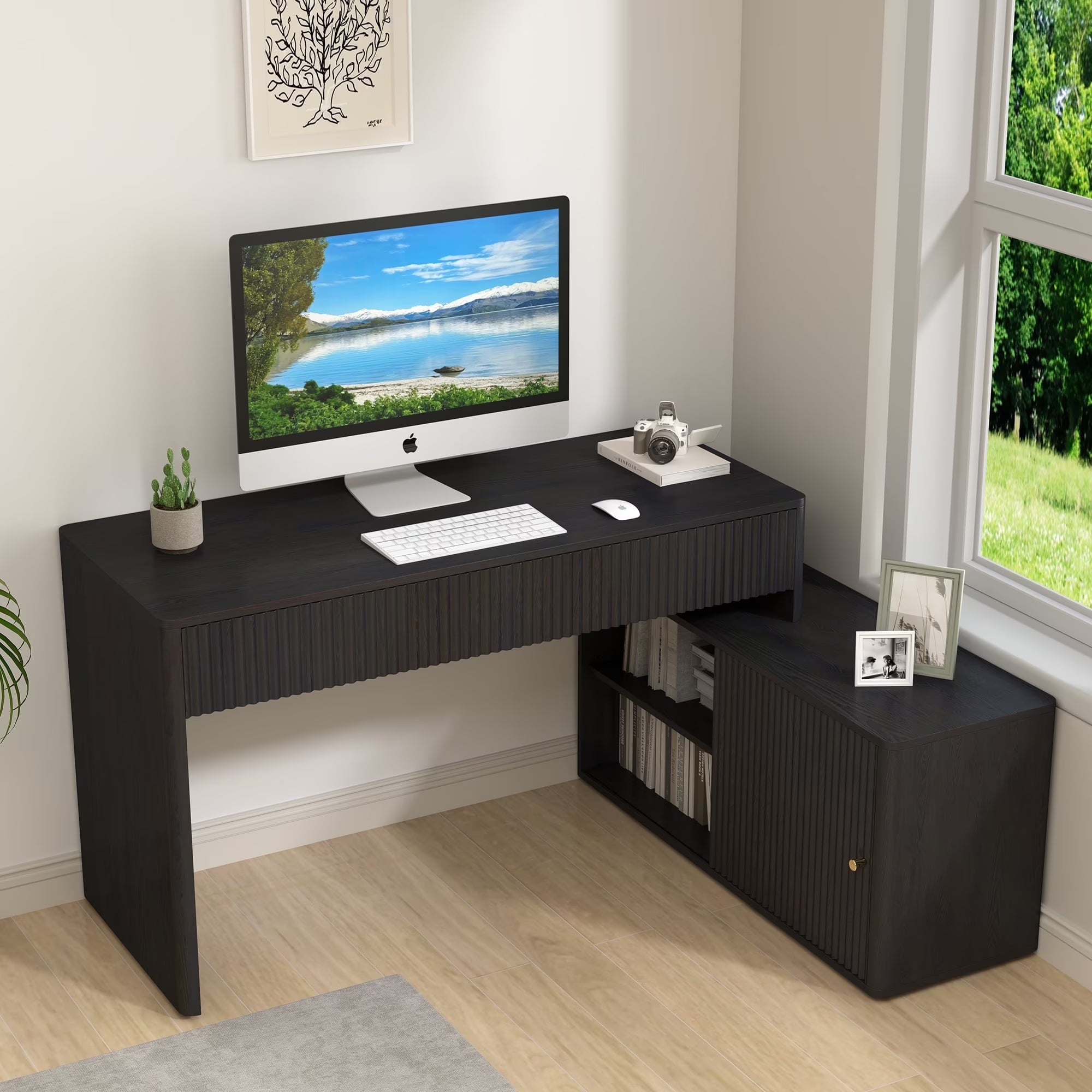 Wirrytor Modern L Shaped Desk with 2 Drawers and 2 Storage Shelves Home Office Corner Study Table Unit for Kids and Adults, Black