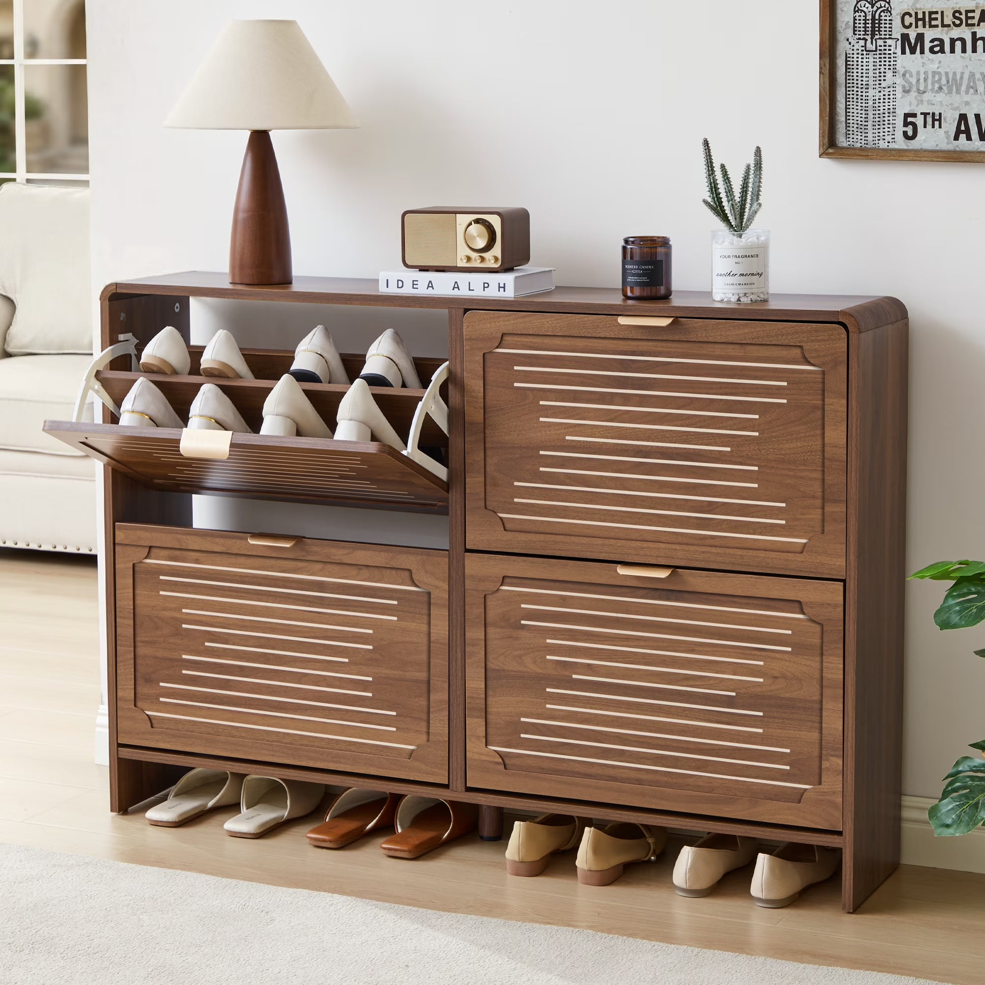 Wirrytor Walnut Curved Printed 4 Flip Drawer Shoe Cabinet, 120cm Large Capacity Narrow Shoe Storage Organizer, Adjustable Shelf Entryway Shoe Rack For Hallway Bedroom