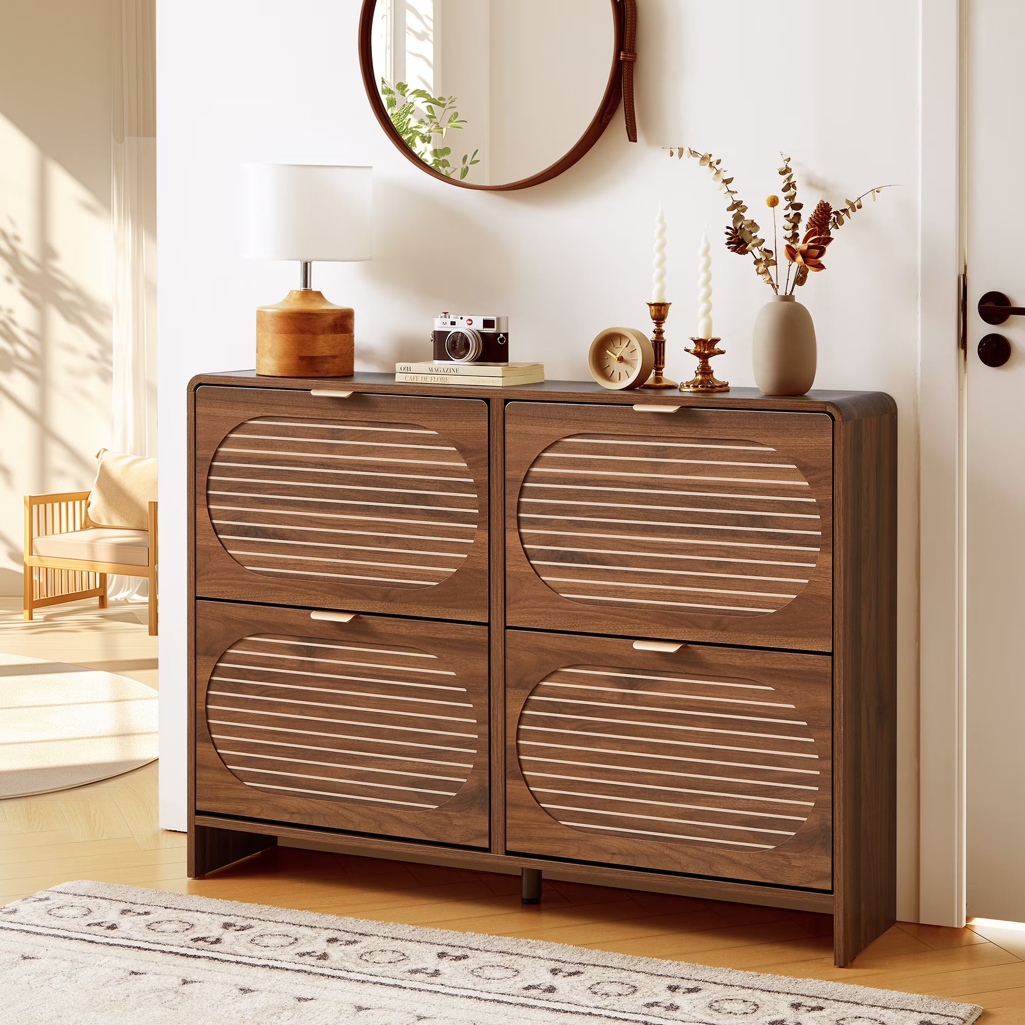 Wirrytor Walnut Curved Oval 4 Flip Drawer Shoe Cabinet, Farmhouse Stripe Pattern Shoe Storage Organizer, Adjustable Shelves Narrow Entryway Shoe Rack With Anti-Tipping Device For Hallway